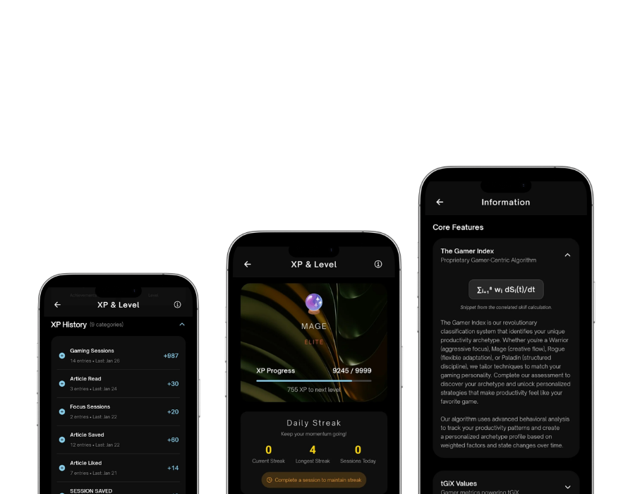 Altered Brilliance metrics screens with XP, levels, and session summaries
